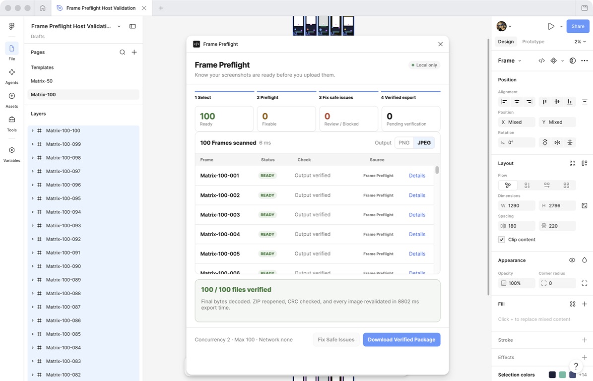 Frame Preflight in Figma showing 100 of 100 final files verified